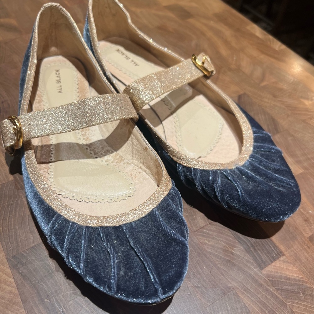 All Black brand - Blue Velvet Mary Jane Flats with Gold Glitter Straps size 39